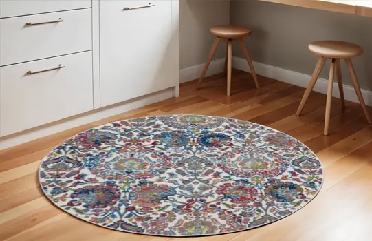 6' Ivory Blue and Gray Floral Distressed Non Skid Round Rug
