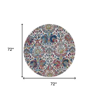 6' Ivory Blue and Gray Floral Distressed Non Skid Round Rug