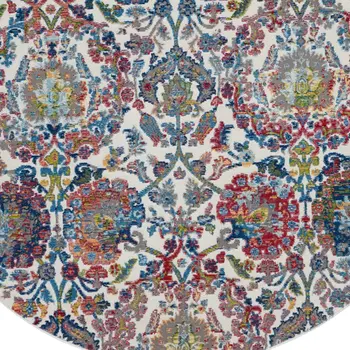 6' Ivory Blue and Gray Floral Distressed Non Skid Round Rug