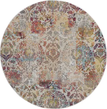 6' Ivory Gray and Orange Floral Distressed Non Skid Round Rug