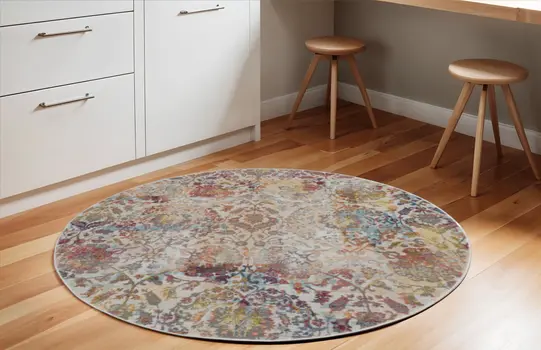 6' Ivory Gray and Orange Floral Distressed Non Skid Round Rug