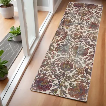 6' White and Golden Brown Floral Distressed Non Skid Runner Rug