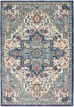 4' X 6' Navy Blue and Ivory Floral Medallion Distressed Non Skid Area Rug