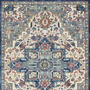 4' X 6' Navy Blue and Ivory Floral Medallion Distressed Non Skid Area Rug