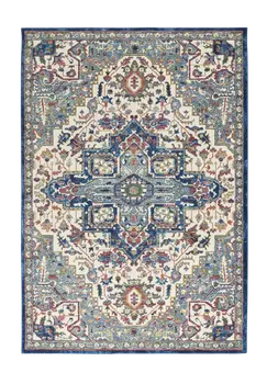 4' X 6' Navy Blue and Ivory Floral Medallion Distressed Non Skid Area Rug