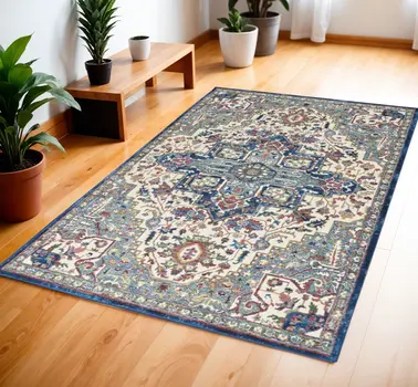 4' X 6' Navy Blue and Ivory Floral Medallion Distressed Non Skid Area Rug