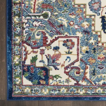4' X 6' Navy Blue and Ivory Floral Medallion Distressed Non Skid Area Rug