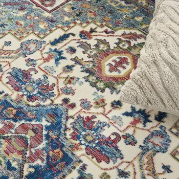 4' X 6' Navy Blue and Ivory Floral Medallion Distressed Non Skid Area Rug
