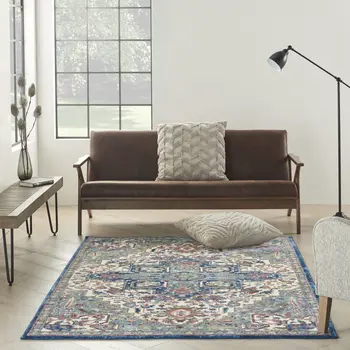 4' X 6' Navy Blue and Ivory Floral Medallion Distressed Non Skid Area Rug