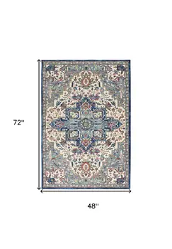 4' X 6' Navy Blue and Ivory Floral Medallion Distressed Non Skid Area Rug