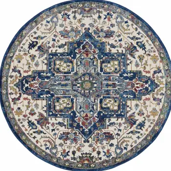 6' Navy Blue and Ivory Floral Medallion Distressed Non Skid Round Rug