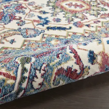 6' Navy Blue and Ivory Floral Medallion Distressed Non Skid Round Rug