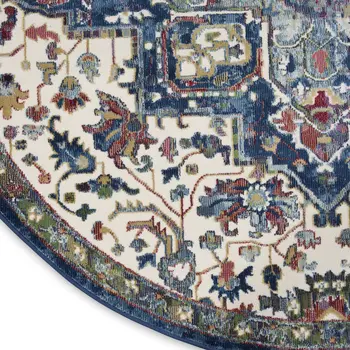 6' Navy Blue and Ivory Floral Medallion Distressed Non Skid Round Rug