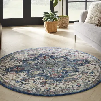 6' Navy Blue and Ivory Floral Medallion Distressed Non Skid Round Rug