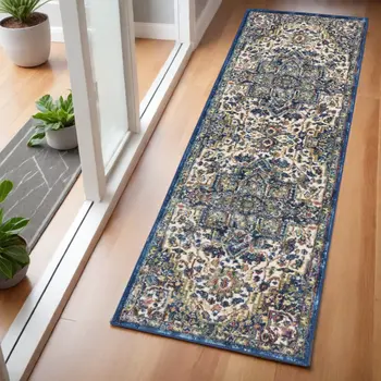 6' Navy Blue and Ivory Floral Medallion Distressed Non Skid Runner Rug