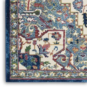 6' Navy Blue and Ivory Floral Medallion Distressed Non Skid Runner Rug