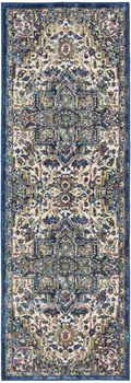 6' Navy Blue and Ivory Floral Medallion Distressed Non Skid Runner Rug