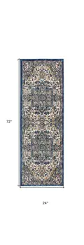 6' Navy Blue and Ivory Floral Medallion Distressed Non Skid Runner Rug
