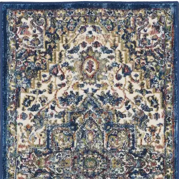 6' Navy Blue and Ivory Floral Medallion Distressed Non Skid Runner Rug