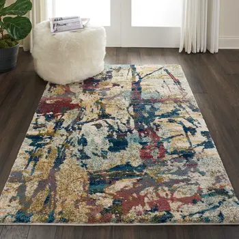 4' X 6' Cream Blue and Green Abstract Distressed Area Rug