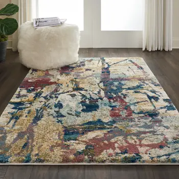 4' X 6' Cream Blue and Green Abstract Distressed Area Rug