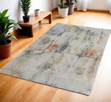 4' X 6' Ivory Blue and Gray Abstract Distressed Non Skid Area Rug