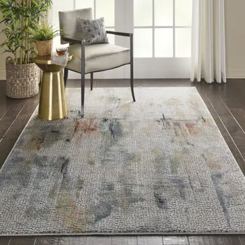 4' X 6' Ivory Blue and Gray Abstract Distressed Non Skid Area Rug