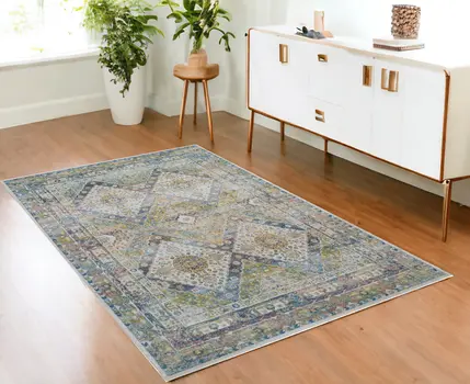 4' X 6' Ivory Blue and Green Floral Distressed Non Skid Area Rug