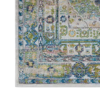 4' X 6' Ivory Blue and Green Floral Distressed Non Skid Area Rug