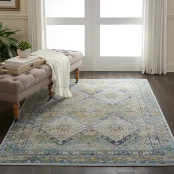 4' X 6' Ivory Blue and Green Floral Distressed Non Skid Area Rug