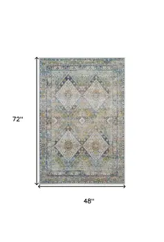 4' X 6' Ivory Blue and Green Floral Distressed Non Skid Area Rug