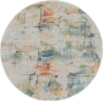 6' Ivory Blue and Gray Abstract Distressed Non Skid Round Rug