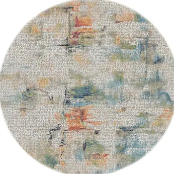 6' Ivory Blue and Gray Abstract Distressed Non Skid Round Rug