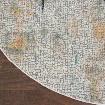 6' Ivory Blue and Gray Abstract Distressed Non Skid Round Rug
