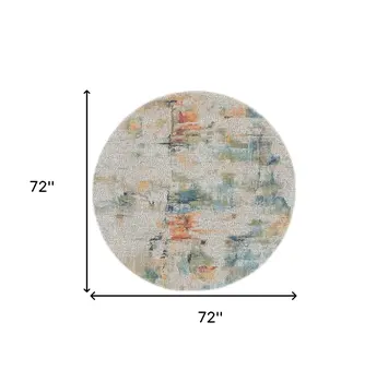 6' Ivory Blue and Gray Abstract Distressed Non Skid Round Rug