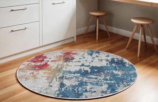 6' Ivory Red and Blue Abstract Distressed Non Skid Round Rug