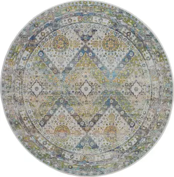 6' Ivory Blue and Green Floral Distressed Non Skid Round Rug
