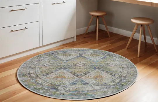6' Ivory Blue and Green Floral Distressed Non Skid Round Rug