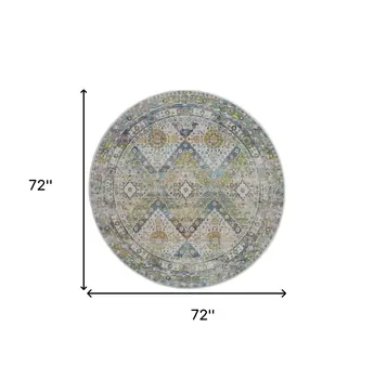 6' Ivory Blue and Green Floral Distressed Non Skid Round Rug