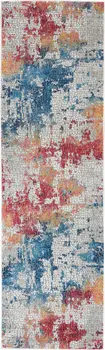 6' Ivory Blue and Orange Abstract Distressed Non Skid Runner Rug