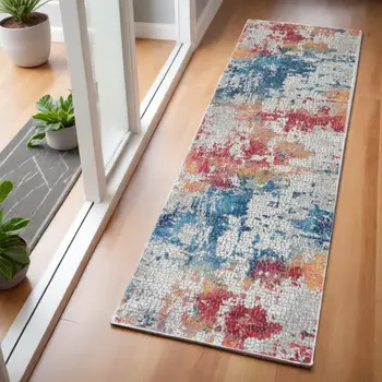 6' Ivory Blue and Orange Abstract Distressed Non Skid Runner Rug