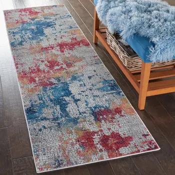 6' Ivory Blue and Orange Abstract Distressed Non Skid Runner Rug
