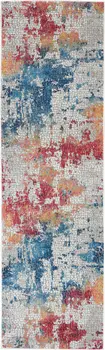 6' Ivory Blue and Orange Abstract Distressed Non Skid Runner Rug