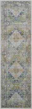 6' Ivory Blue and Green Floral Distressed Non Skid Runner Rug