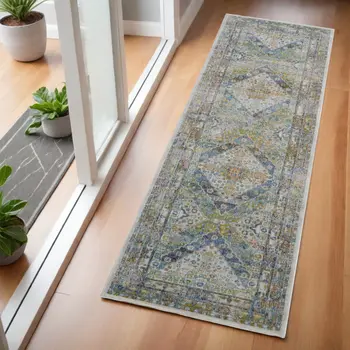 6' Ivory Blue and Green Floral Distressed Non Skid Runner Rug