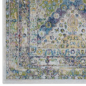 6' Ivory Blue and Green Floral Distressed Non Skid Runner Rug