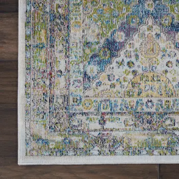 6' Ivory Blue and Green Floral Distressed Non Skid Runner Rug