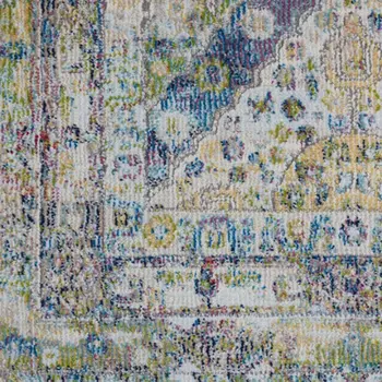 6' Ivory Blue and Green Floral Distressed Non Skid Runner Rug