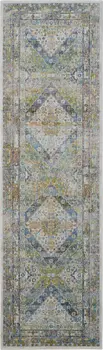 6' Ivory Blue and Green Floral Distressed Non Skid Runner Rug