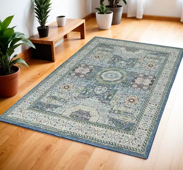 4' X 6' Ivory Blue and Green Oriental Distressed Non Skid Area Rug